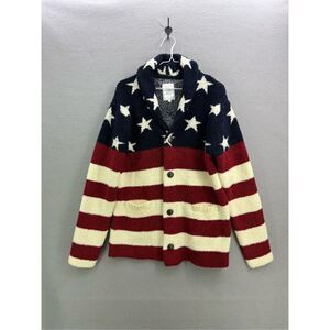 Power to the People Mens Multicolor American Flag Fleece Cardigan Sweater Size L
